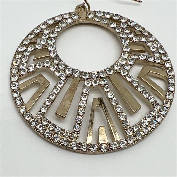 New Gold Tone Rhinestone Design Large Medallion Dangle Earrings - Picture 2 of 4
